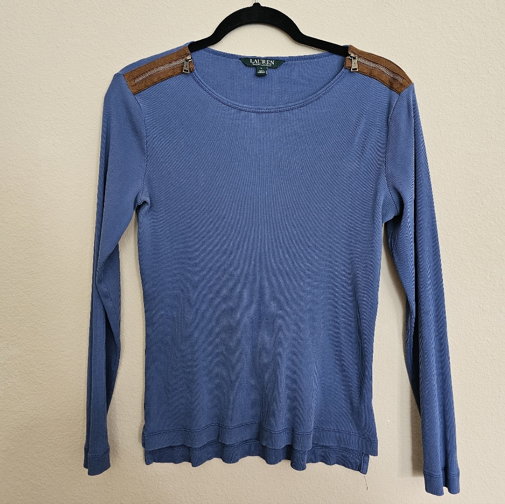 Ralph Lauren Blue Top with Brown Shoulder Accents